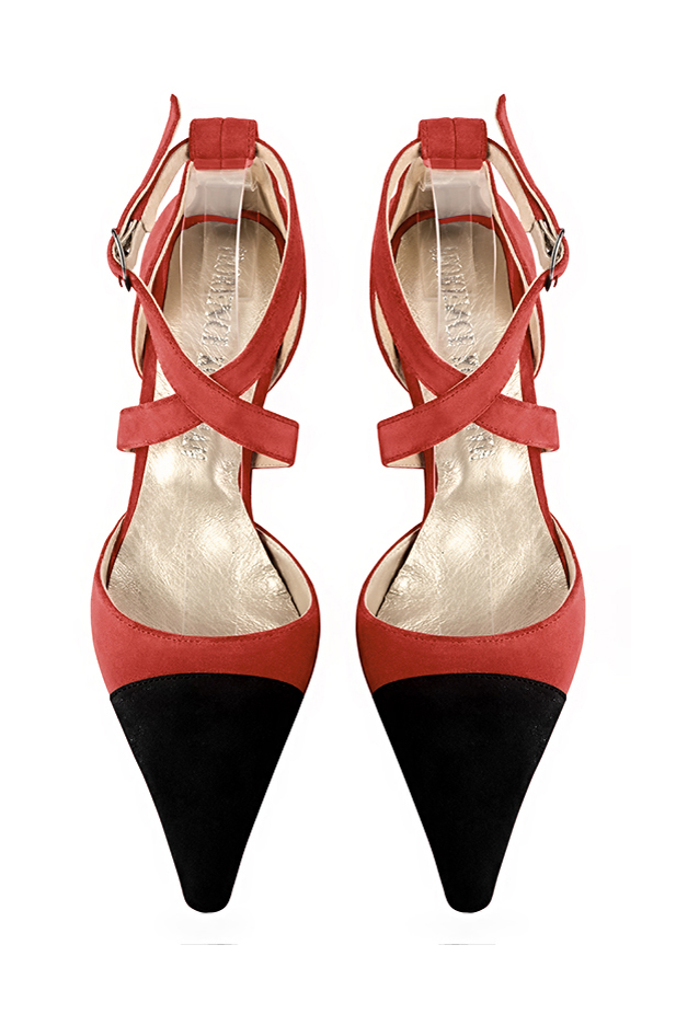 Matt black and scarlet red women's open side shoes, with crossed straps. Pointed toe. Medium spool heels. Top view - Florence KOOIJMAN